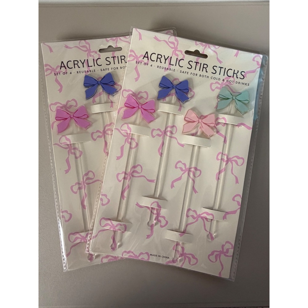 Francesca's‎ Acrylic Bow Stir Sticks 2 Sets of 4 Reusable Pastel Drink Swizzle